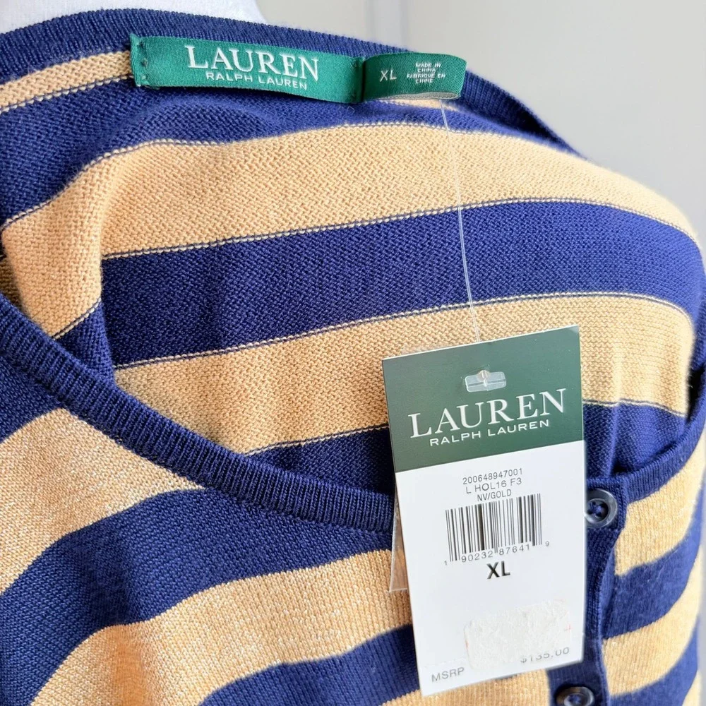 Ralph‎ Lauren NWT Cardigan XL Navy Gold Striped Shimmer Knit Sweater